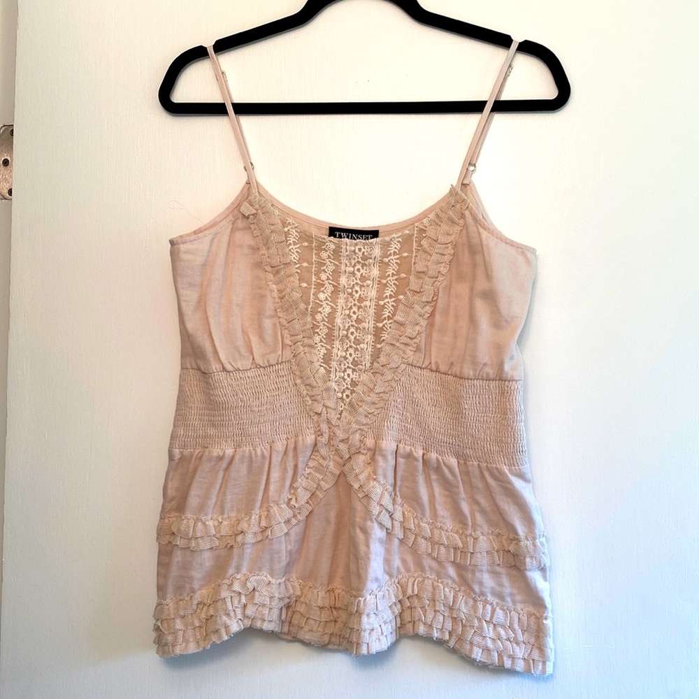Twin-Set Cotton Lace and Mesh Ruffle Camisole, Like New